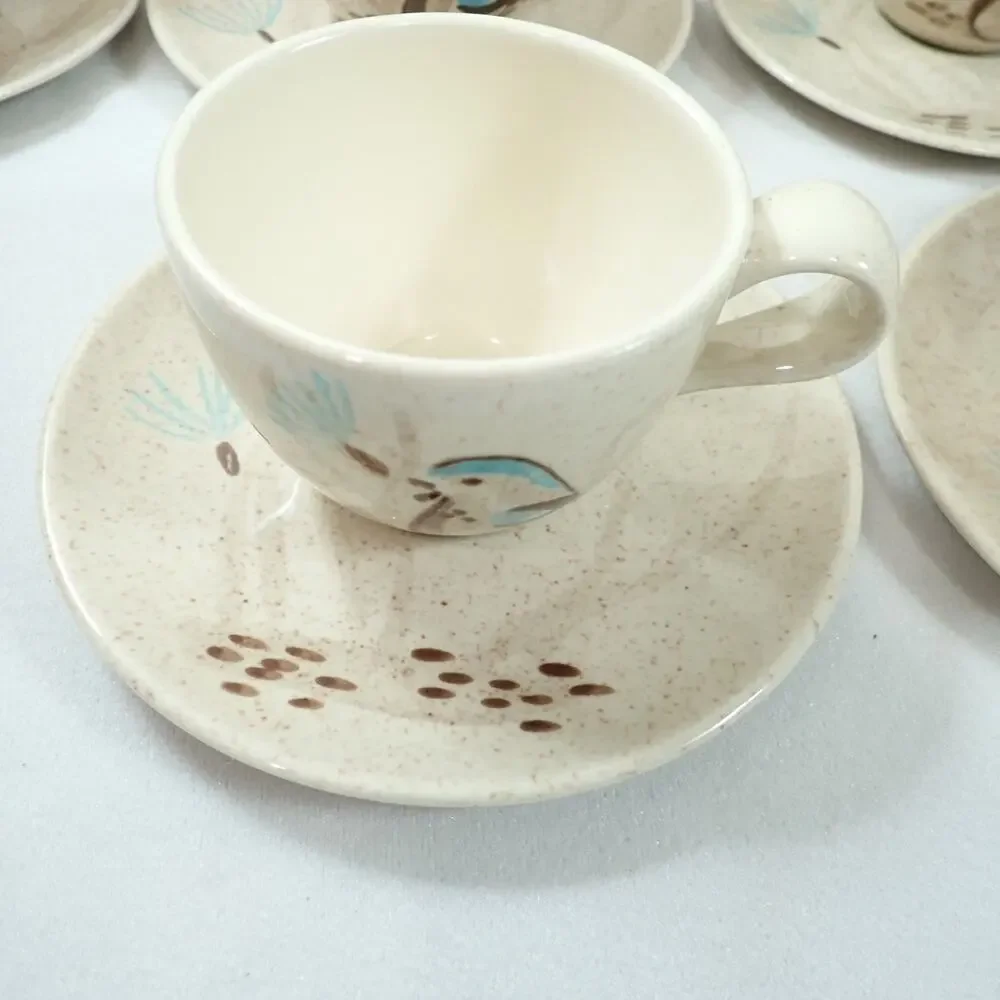 Red Wing Bob White Quail 10 Cup Saucer Sets MCM Hand Painted Pottery Vintage